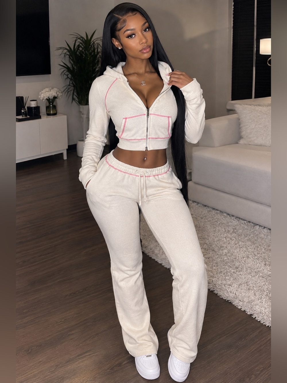 Beige Two-Piece Loungewear Set with Pink Contrast Stitching